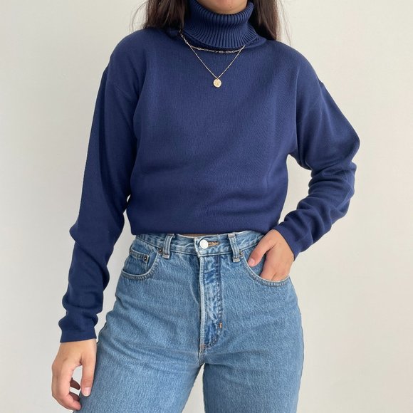Vintage Belford 100% silk knit long sleeve turtleneck sweater in navy blue L - Picture 11 of 11